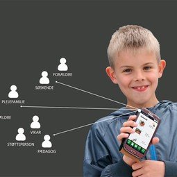 A young smiling boy holding a mobile phone with software features that have arrows pointing to highlights.
