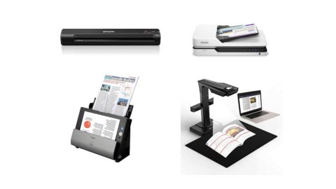 Various models of document scanners. One is long, thin, and black in color. Another is more rectangular and white, with the paper fed through the top of the device while the device sits flat. A third model is black and resembles a magazine stand, with the device standing upright, and the paper feed being located where a standard printer's would be. The fourth model is black and resembles a video magnifier device. The scanner is a camera with a long neck that has a flat platform base for placing materials.