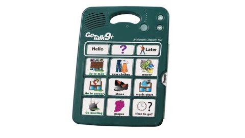 Square, green communicator with 9 printed symbols and handle for easy carrying.