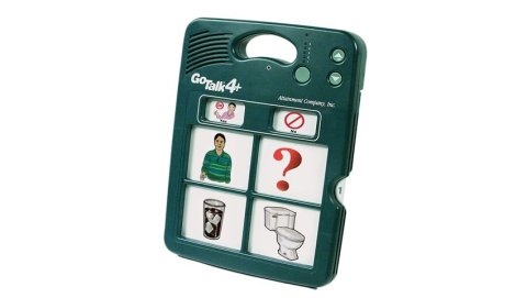 Square, green communicator with four printed symbols and handle for easy carrying.