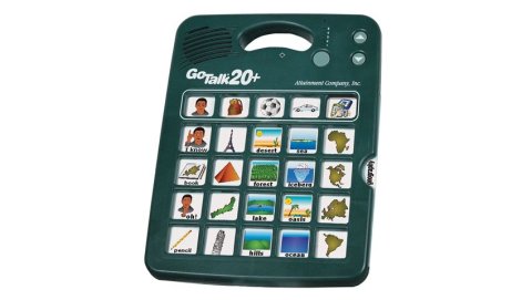 Square, green communicator with 20 printed symbols and handle for easy carrying.