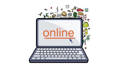 An illustrated graphic of an open laptop displaying the Widgit Online Logo.