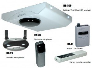 Remote transmitter, ceiling mount, audio transmitter, student and teacher microphones.