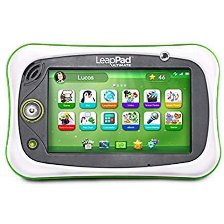 LeapFrog LeapPad handheld tablet showing the main screen with a green background and colorful icon buttons.