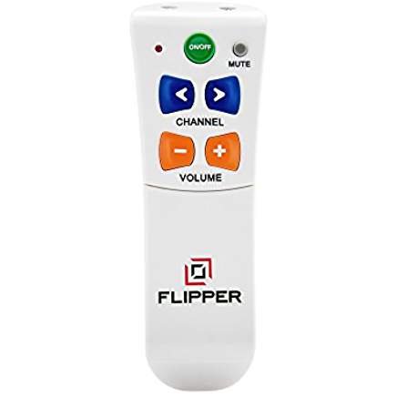 White rectangular remote with green power button, blue channel control arrow buttons, and orange volume buttons. Mute button at top right of device and logo displayed on bottom half underneath controls.