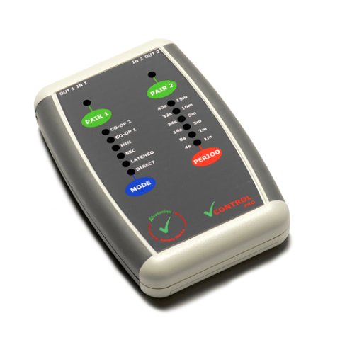 Medium-sized, dark grey and off-white, rectangular device with two long rows of many different input jacks. There are green, blue, and red markings on it.