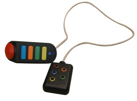 Multi colored controller console wired to a console that has multiple ports.