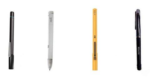 Various models of smart pens. All models resemble a standard writing pen nearly identically in both size and shape. Two of the pens are black; one is white; and one is bright yellow.