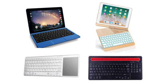 Various models of tablet keyboards. Two models resemble compact-sized standard keyboards; one has a built-in "cradle" to hold devices at the top; the other has a built-in trackpad on the right-hand side. The other two are built-in to folding tablet cases. One model has an extra swivel hinge where the case folds in half, so the tablet can be swiveled at multiple angles in relation to the keyboard. That model is gold-colored. The others are blue, white, & black with a red cradle.