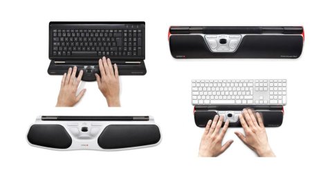 Various models of roll bar mice. They are long, thin, and horizontal devices that fit directly against the bottom edge of your keyboard. At the top of the devices are thin bars that run the length of the device. Users keep their hands on the keyboard and move the mouse by reaching down with their thumbs to drag the bar. Three mice are black and silver; one is all black.