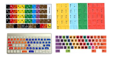 Various types of color-coded keyboard stickers. The stickers divide the keyboard into different colored "zones" that show users which fingers to place on which keys. Two designs have eight different colors; one has the full rainbow spectrum of colors; the other has pastel purple, green, blue, gold, red, teal, pink, and orange. Another set has two colors: red and blue. Still another has yellow, light blue, green, and coral red.