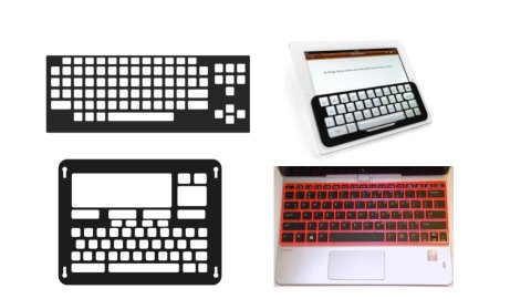  Various models of keyguards. They are rigid overlays that lay on top a keyboard or screen and fill the gaps in between keys on a keyboard, stabilizing them. One model is clear; one is black, and another is red. Two models fit a touchscreen tablet and frame out where keyboard keys will appear on the screen. One model fits a full-sized desktop keyboard, while another fits atop a laptop keyboard.