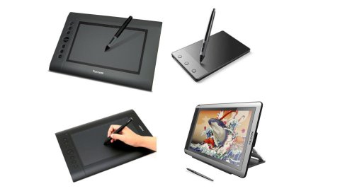 Various models of pen tablets. They resemble small and medium-sized black and grey tablets with areas for drawing and small menu buttons on the outer edge. The models here are all pictured with the included stylus pen, which resembles a standard touchscreen stylus with a finer tip for precise drawing. Three of the tablets do not have a display; you draw on the surface while looking at a connected computer, which displays your work in real-time. The fourth model is a display/drawing tablet combo.
