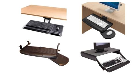Various models of keyboard trays. They connect underneath a desktop and hold a full-sized keyboard and mouse side-by-side. The tray slides back under the desk when not in use. One tray has a separate, smaller tray for the mouse that is attached at an angle on the right hand side of the keyboard tray. Three models are black; one is brown.