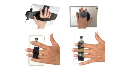 Various models of mobile device grips. The models are straps that attach to the bank of a tablet or phone. The user either fits their hand inside the strap, fits a finger inside the strap, or the user fits three fingers inside the strap, which has individual "rings" for each finger. One model is a large job that attaches to the bank of a tablet, which the user grips with two fingers. All models shown are black.