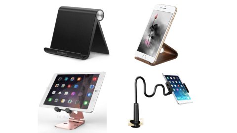 Various models of mobile device stands. They are small to medium-sized and hold a phone or tablet upright, slightly angled backward and away from the user. The back of the stands curve downward and act as a brace, similar to a picture frame with a built-in stand. One model is down and has a long, thin "neck" with a clamp to hold a device. The neck is bendable. The stands are black, wood-grain, and pink.