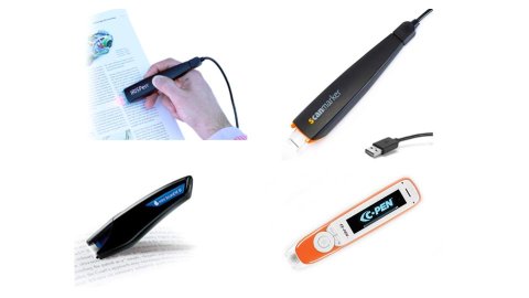 Various models of pen scanners. They are roughly the size and shape of a highlighter pen, but they are electronic devices with a flat scanner end (similar to a barcode scanner) where a highlighter nib would be.  One model has a small display screen on the side of the pen for displaying translated text and other data. Two of the models are corded; two are wireless. Three models are black, and one model is white and orange.