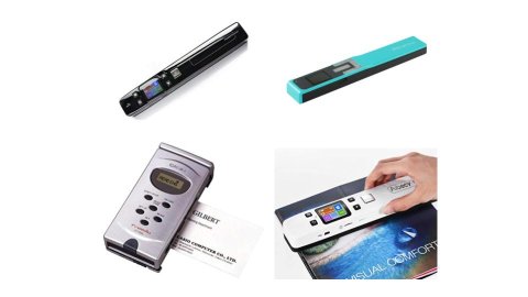 Various models of handheld scanners. Three resemble electronic rulers and have small color display screens and menu buttons. One model is a small-sized rectangular box with a non-color display screen. It also features several menu buttons and is shown scanning a business card. One model is black; one is turquoise; the other two are silver.
