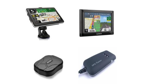Various models of vehicle GPS. Two models are small and medium-sized touchscreen devices displaying maps and a navigation menu. One has a built-in stand. The other two models do not have a display screen but only serve as tracking devices, meant to be installed within a vehicle. They are small, black, rectangular box devices. One has a cord attached. The words "GPS Tracker" are printed atop this model.