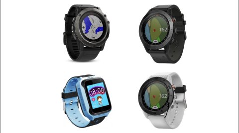 Various models of GPS watches. They resemble standard watches with digital screens. The screens are displaying maps for navigation and tracking. Two watches are black; over is silver; and one is light blue.