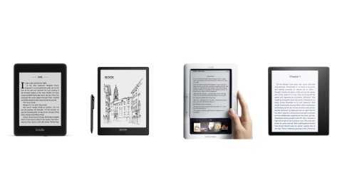 Medium-sized tablet devices with digital book pages. They are roughly the size of a standard paperback book. Three have black borders, while one is a white device. One of the e-readers is shown with a stylus. The e-readers do not have color screens like standard tablets but are black and white and more opaque than a tablet.