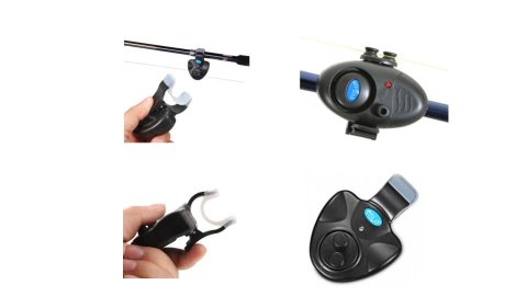 Various models of electronic fish bite alarms. They resemble small, black, triangular or oval clip-on devices that clip to the side of a fishing rod. On the side of the devices, there are two small circular knobs that the user threads the fishing line through. Each device has one or two small menu buttons.
