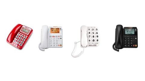 Various models of large-button phones. They resemble standard corded telephones, but with extra-large numbers and buttons. Three of the phones have a large display screen. One model is red with white keys and black numbers; two are white with black numbers; and one is black with white numbers.