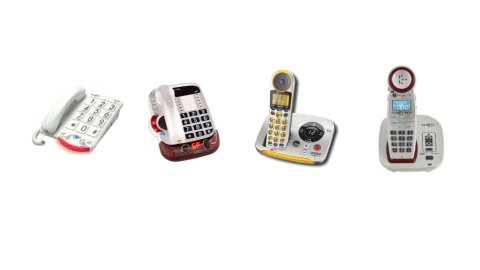 Various models of amplified telephones. Two models resemble standard corded telephones, but with a band of LED lights across the bottom edge of the receiver. One of them has a display screen. The other two models are cordless, with a large round speaker built-in the handset at the top above the display screen. They both have volume control buttons on the receiver. One has a round black display screen with blue numbers indicating volume level. All models are white or silver. One has bright yellow buttons.