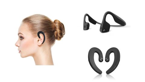 Various models of bone conduction headphones. They resemble "sports-style" earbuds, except that there are no actual components that go inside the ear. They fit over the top of the ear and are either connected by a band that wraps around the back of the head, or they are two separate components with no connecting band. One image shows a side profile view of a young woman wearing one (without a connecting band). All models shown are black.