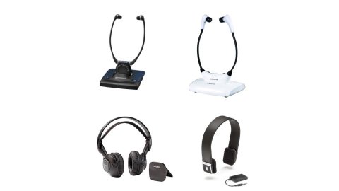 Various models of TV headsets. Two resemble standard on-ear headphones, with one of them having rectangular ear pads instead of round ones. The other two models look like earbuds connected to a band, but instead of wearing the band across the top of the head (like a headband), the set is worn upside-down, like a doctor's stethoscope. Two models are pictured with small, separate transmitters. One model is white with a black band; the rest are black.