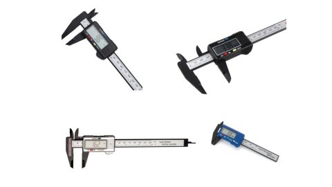Various models of digital rulers. They resemble standard rulers, but with two caliper "prongs" that grasp an object or mark the endpoint. They also have a non-color display screen that displays measurements along the side of the ruler (facing upwards toward the viewer for easy visibility). All models shown are stainless steel.