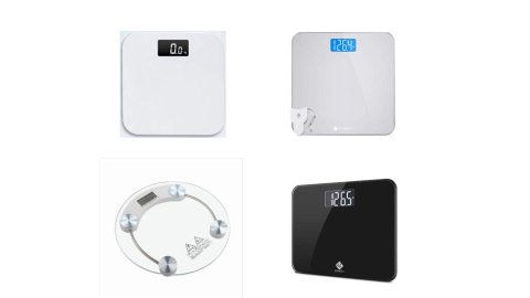 Various models of digital scales. They resemble standard scales, but with an LED display screen at the top instead of an analogue display. Three models are square with rounded edges, while one is round with four round sensors on top. Three models are white with color display screens, while a fourth is black.