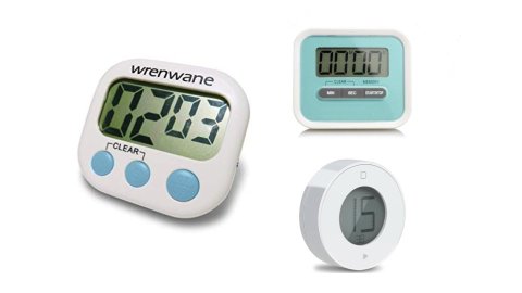 Various models of digital timers. They resemble small-to-medium-sized electronic devices with LED display panels and small menu buttons. Two models are rectangular and one is round. Two are white and one is teal-colored.