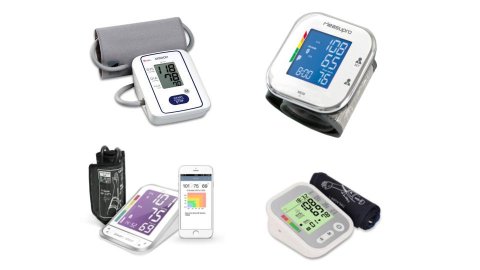 Various models of blood pressure monitors. They resemble small-to-medium-sized rectangular electronic devices with LCD display panels and various menu buttons. They are shown next to arm cuffs. One model is also pictured next to a smartphone with a companion tracking app displaying the results on-screen. Three models are white (two with color display screens); and a fourth model is off-white and grey.