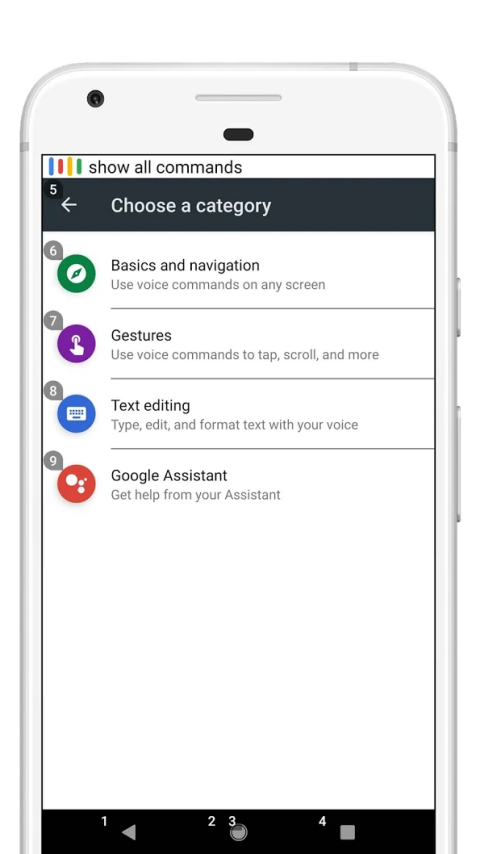 Category options on the app, including basics and navigation, gestures, text editing, and Google assistant.