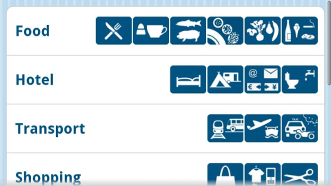 point it app menu options, including food, hotel, transport, and shopping.