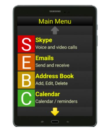 A Screen of an Android Phone is pictured showing "Main Menu", followed by a scroll arrow up, very large colorful buttons with letters on them and which precede the full app name, such as S for Skype, E for Emails, B for Address Book, and C for Calendar, after which follows the scroll down arrow.