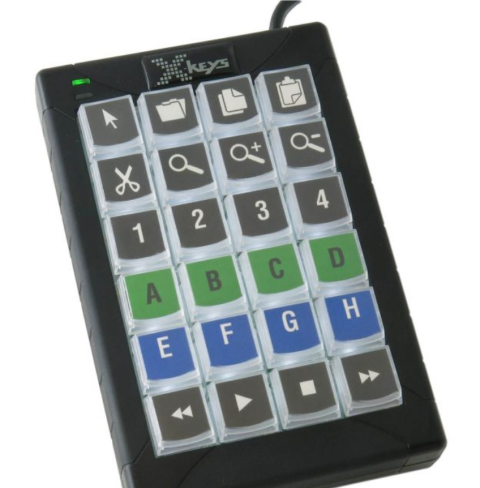 Small keyboard device the size and shape of a numeric keypad on a standard keyboard. There are twenty keys, which are labeled with various alphanumeric symbols. The device base is black, and the keys are black, green, and blue, with white backlighting.