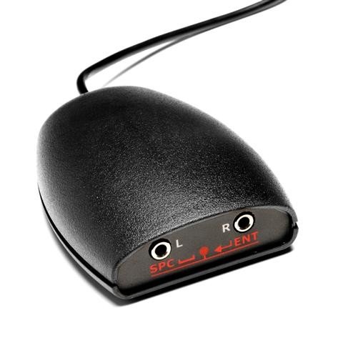 A small black computer mouse-like device with a wire on one end and with labeled left and right ports for round jack plugs on the other. Also labeled below the left and right are the labels Space and Enter, respectively.