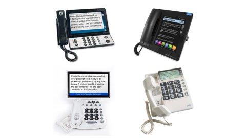 Various models of captioned telephones. They resemble standard corded telephone sets, but with a medium-to-large sized screen that displays captions. Three of the models' screens are color LCD, while one is not color and does not have backlighting. Three phones are white with black buttons; one is black with no buttons, but a large touchscreen menu.