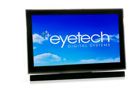 A medium-sized monitor with a long, horizontal, and black bar beneath. The monitor is displaying a blue, cloud wallpaper with the eyetech logo.  