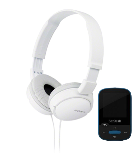 White headphones next to a small black MP3 player.