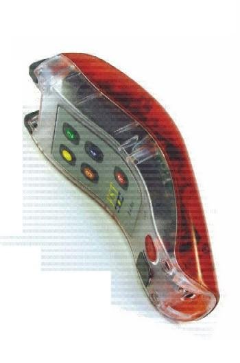 Small, plastic handheld device with a red cover and device control buttons on bottom.