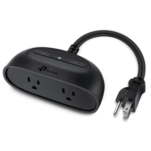 Black oblong outlet with two plugs and cord.