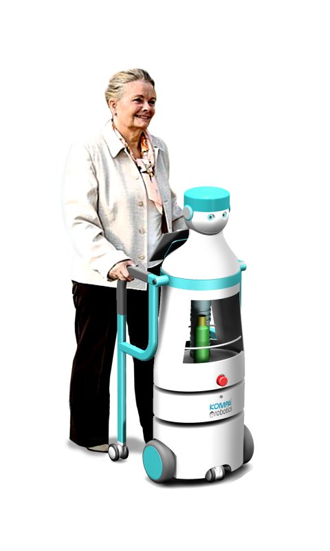 Elderly women with a walker connected to child-sized robot on wheels.