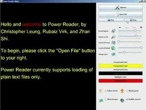 Power Reader interface on a screen where a user must open a file.