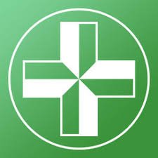 Green square with a white outlined circle of a white and green medical cross.