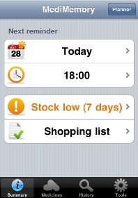 Sreenshot showing calendar and clock timer for medication and a shopping list.