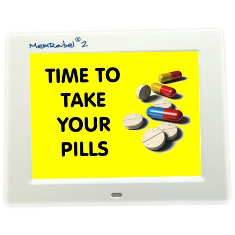 A medium-sized device that resembles a framed photo. It has an LCD screen with a yellow background that reads "Time to take your pills" in black font, with several pills shown next to the words.