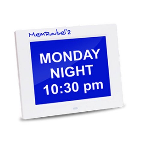 A medium-sized device that resembles a framed photo. It has a blue LCD display that reads  "Monday night 10:30 PM" in bold, white font. The device has a white border around the screen. 
